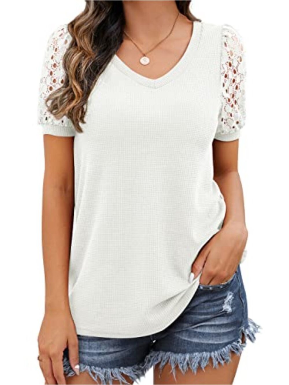 Waffle Knit Blouse Puff Sleeve Lace V-Neck Short Sleeve Casual Tunic Top
